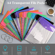 11-Hole Expandable Plastic Envelopes Binder Pockets (6/12 Pack) - 2/3/4 Ring Binder Folders with Snap Button, Label Loose-Leaf Transparent Document Pouches for Letter Size, School Supplies, Storage Organization, Office Accessories