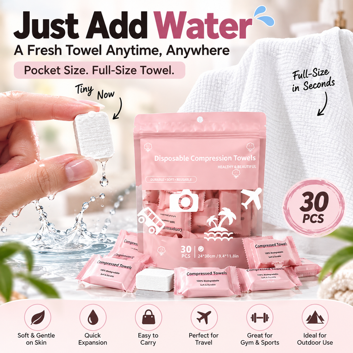 30-Pack Disposable Compressed Towels – Soft. Absorbent & Travel-Friendly
