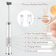 Cordless Rechargeable Handheld Milk Frother, Electric 3-Speed Wand with 3 Detachable Stainless Steel Whisks, Kitchen Mixer for Latte, Cappuccino, Matcha, Cordless Milk Frother