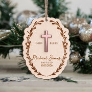 Blessed and Loved on Your Baptism Day - Personalized 2-Layer Wooden Ornament, Custom Baptism Keepsake, Christian Cross Decor, Godchild Gift, Christening Gift