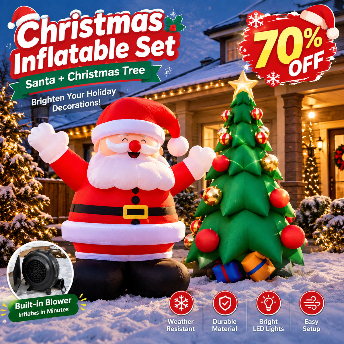 🎅 Christmas Inflatable Santa & Tree Set 🎄 Giant Light-Up Outdoor Holiday Decoration with Built-In Blower