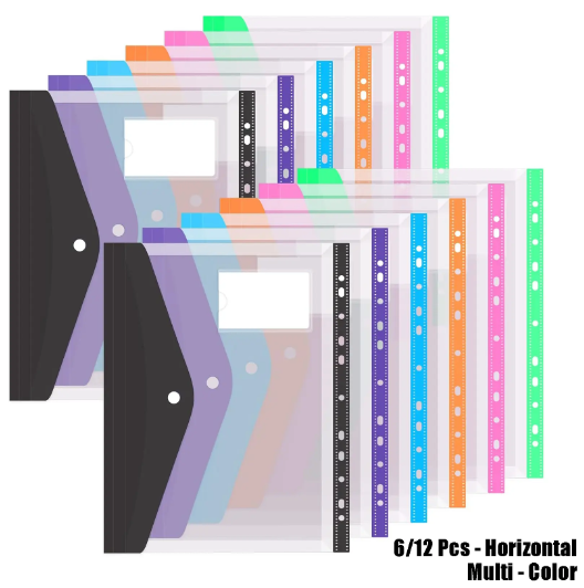 11-Hole Expandable Plastic Envelopes Binder Pockets (6/12 Pack) - 2/3/4 Ring Binder Folders with Snap Button, Label Loose-Leaf Transparent Document Pouches for Letter Size, School Supplies, Storage Organization, Office Accessories