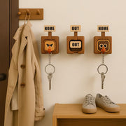 Wooden Key Holder with Funny Face Expression – HOME/OUT Toggle, Wall-Mounted, 3 Styles