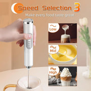 Cordless Rechargeable Handheld Milk Frother, Electric 3-Speed Wand with 3 Detachable Stainless Steel Whisks, Kitchen Mixer for Latte, Cappuccino, Matcha, Cordless Milk Frother